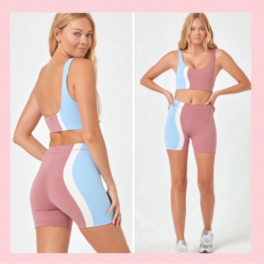 L*SPACE Make Waves Medium Impact Sports Bra  & High Rise Biker Shorts Set SMALL